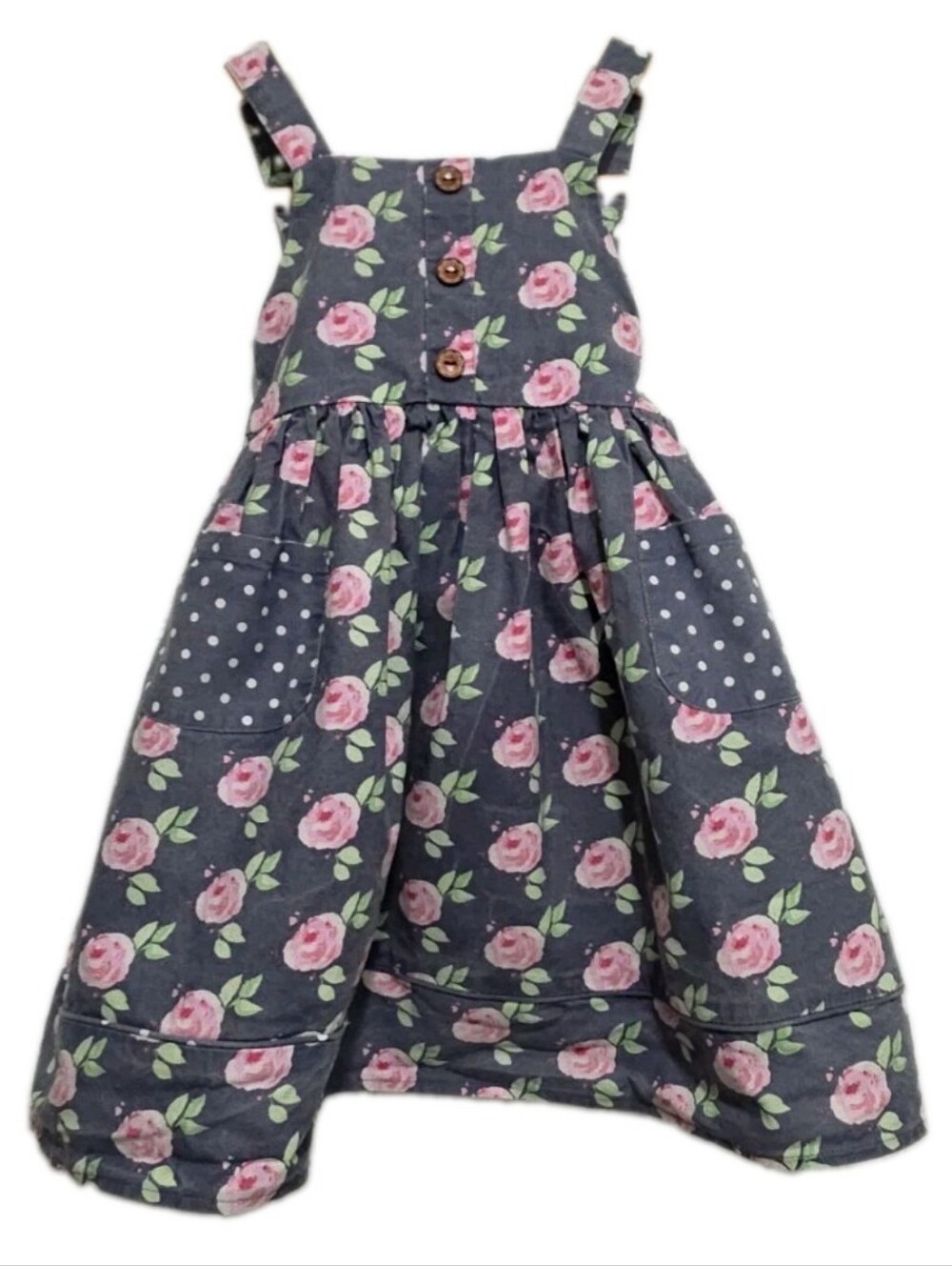 SweetHoney Girls Floral Pinafore Dress with Pink Roses - Charcoal Gray